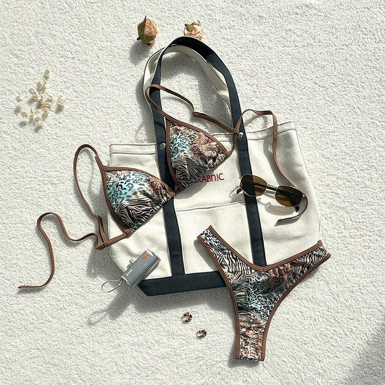 Damen Triangel-Bikini-Set mit stilvollem Tiermuster und verstellbaren Trägern