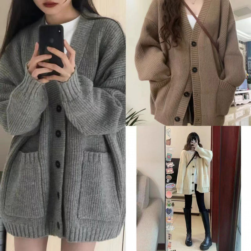 Damen Grobstrick Cardigan mit Taschen und tiefem V-Ausschnitt R&B