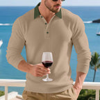 Herren Langarm Poloshirt mit strukturiertem Design und kontrastierendem Stehkragen R&B