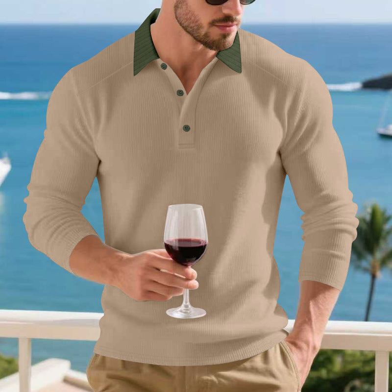 Herren Langarm Poloshirt mit strukturiertem Design und kontrastierendem Stehkragen R&B