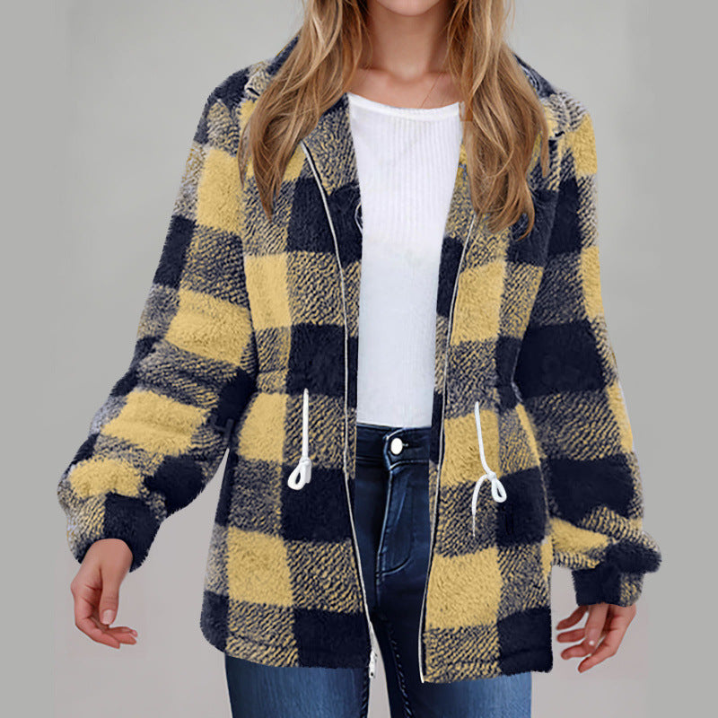 Damen kuschelige Oversize-Jacke mit kariertem Muster R&B