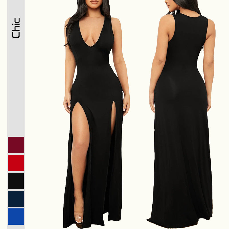 Damen Elegantes Maxikleid mit tiefem V-Ausschnitt und seitlichen Schlitzen R&B