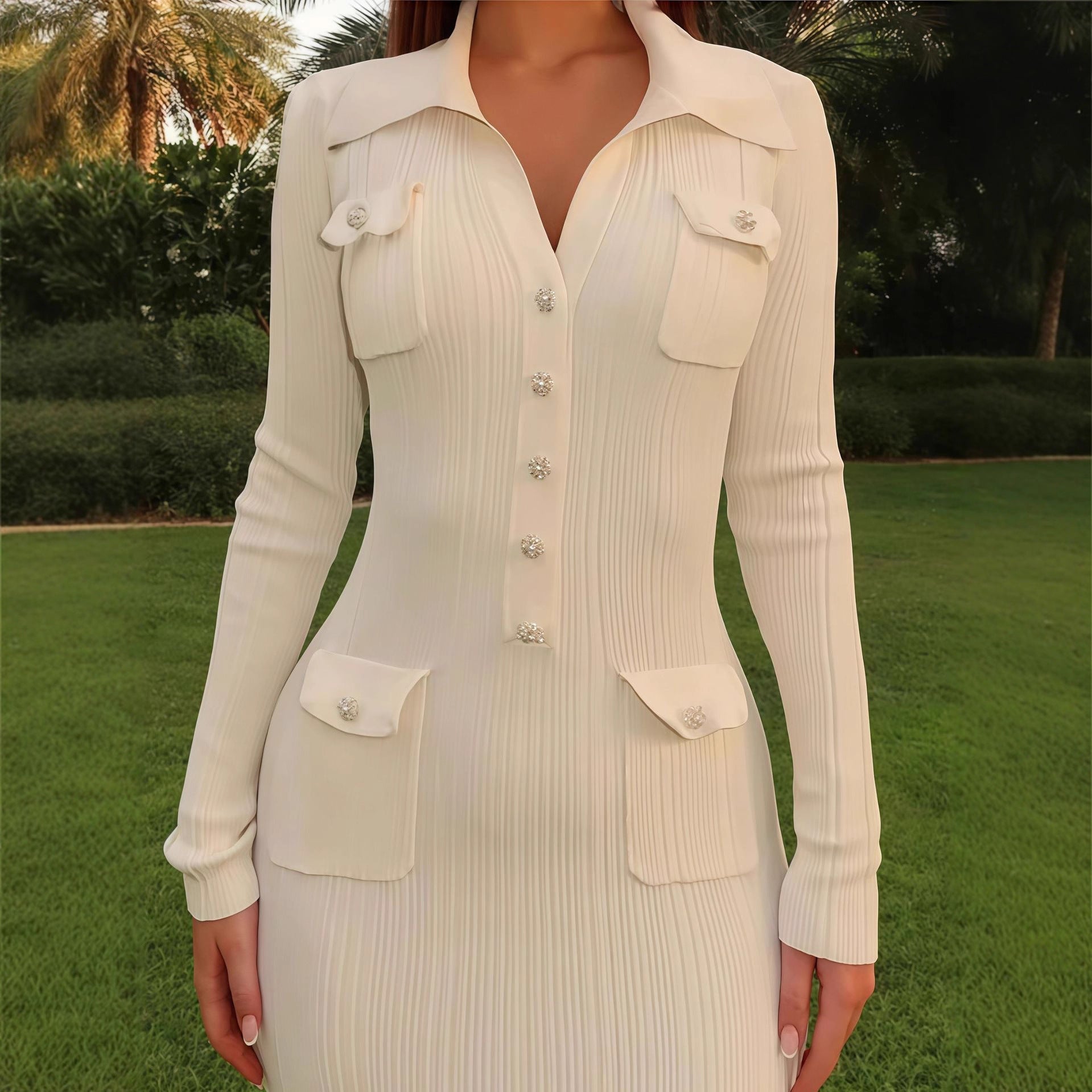 Damen Elegantes Maxikleid mit dekorativen Knopfdetails und taillierter Silhouette R&B