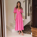 Damen Midi-Kleid mit Puffärmeln und tiefem V-Ausschnitt R&B
