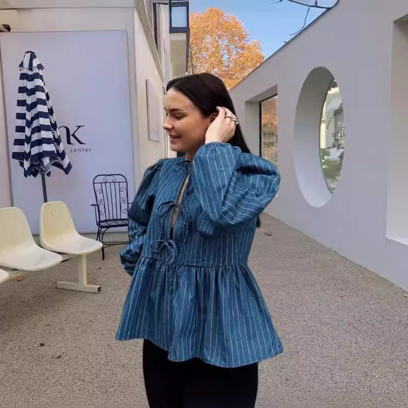 Damen gestreifte Bluse mit voluminösen Puffärmeln und tailliertem Schnitt R&B