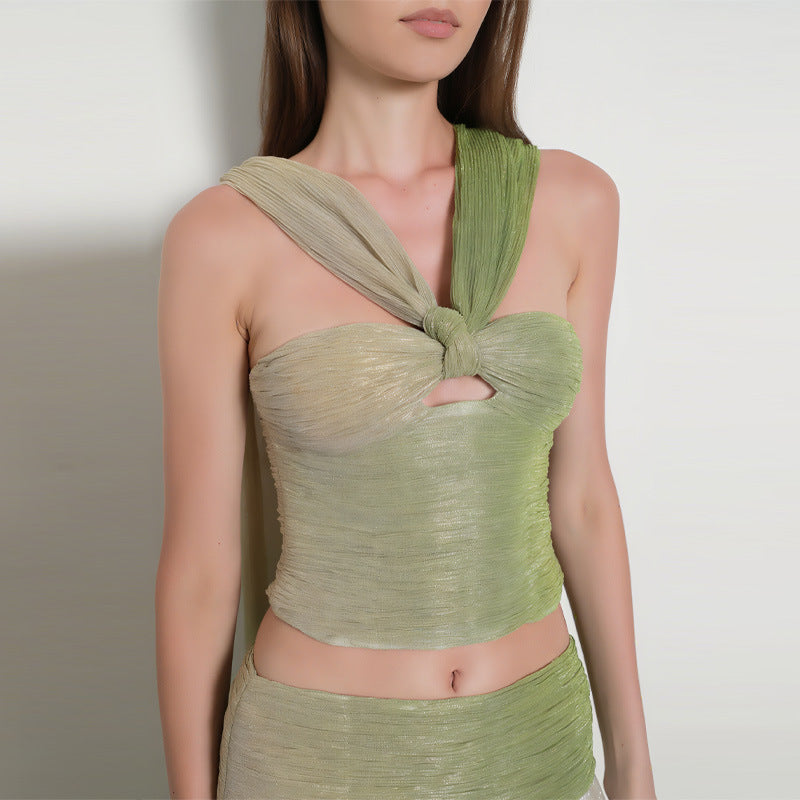 Damen schickes Maxikleid mit geflochtenem Oberteil und fließendem Rock R&B