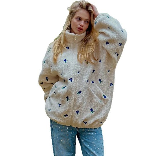 Damen kuschelige Fleecejacke mit Blumenstickerei R&B