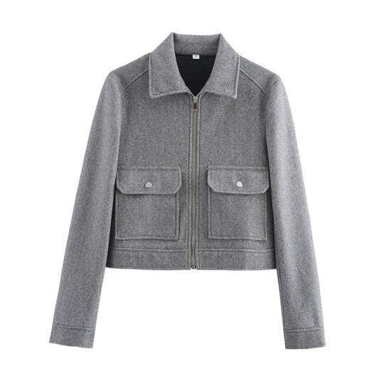 Damen kurze Fleecejacke mit stilvollen Brusttaschen und elegantem Kragen R&B