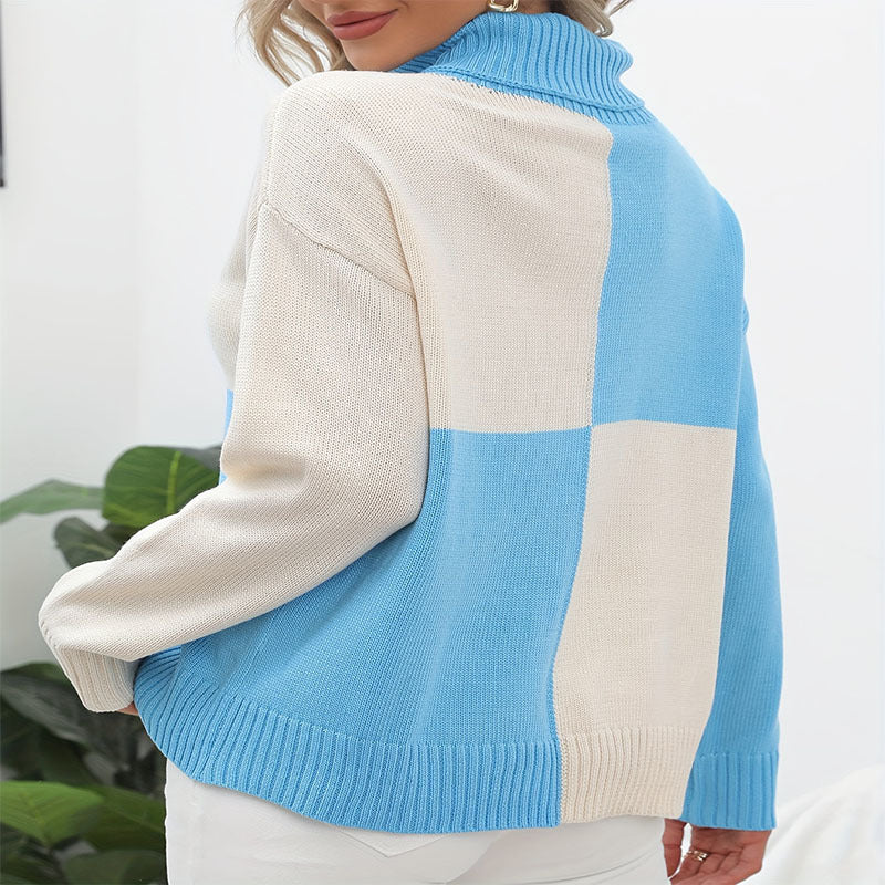 Damen Pullover mit hohem Kragen und modernem Patchwork-Design R&B