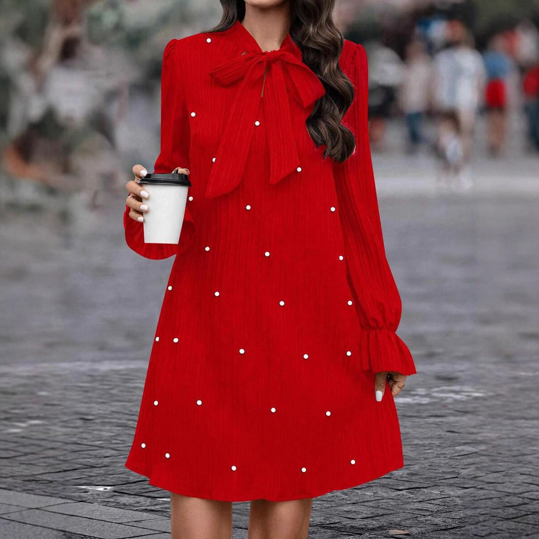 Damen elegantes Kleid mit Schleifenkragen und Pünktchen-Applikationen R&B