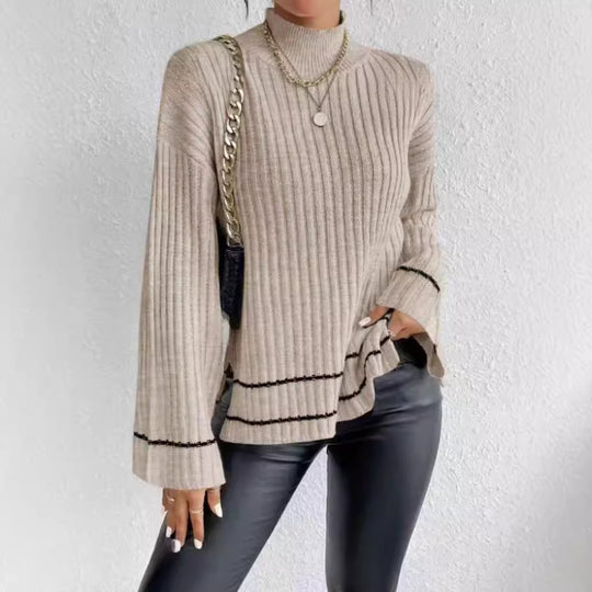 Damen eleganter Strickpullover mit hohem Kragen und weitem Ärmelabschluss R&B