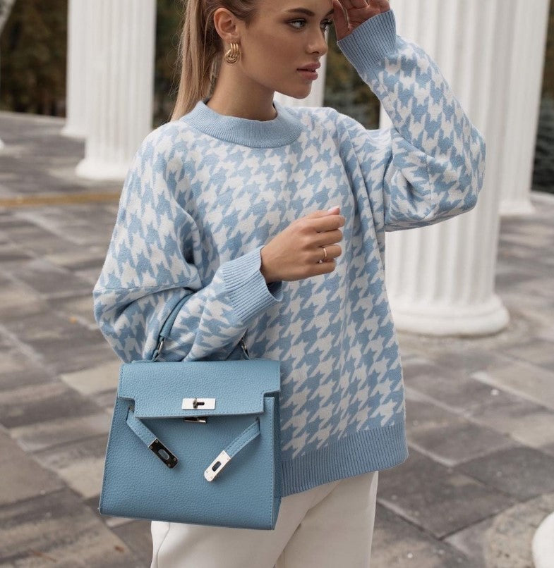 Damen Grobstrickpullover mit modernem Hahnentrittmuster und lässigem Schnitt R&B