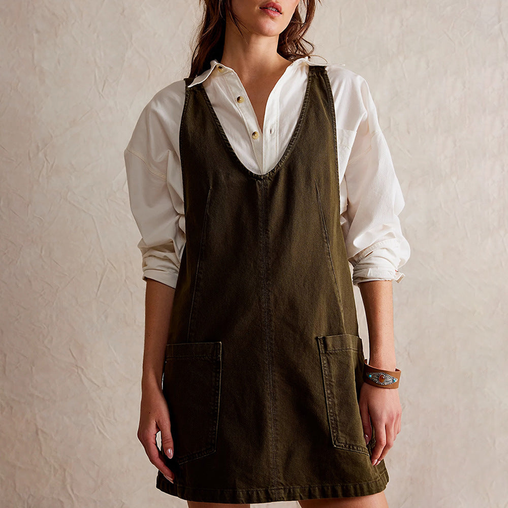 Damen lässiges Freizeitleinenkleid mit tiefem Ausschnitt und großen Taschen R&B