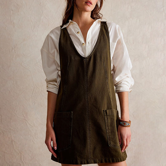 Damen lässiges Freizeitleinenkleid mit tiefem Ausschnitt und großen Taschen R&B