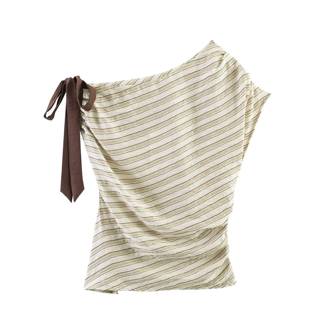 Damen asymmetrisches Oberteil mit eleganter Bindegurtdetail und feinen Streifen R&B