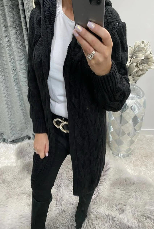 Damen Grobstrickjacke mit elegantem Zopfmuster und praktischer Kapuze R&B