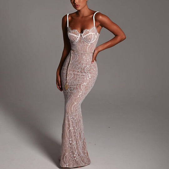 Damen Spitzenmaxikleid mit verführerischem Lingerie-Look und elegantem Akzent R&B