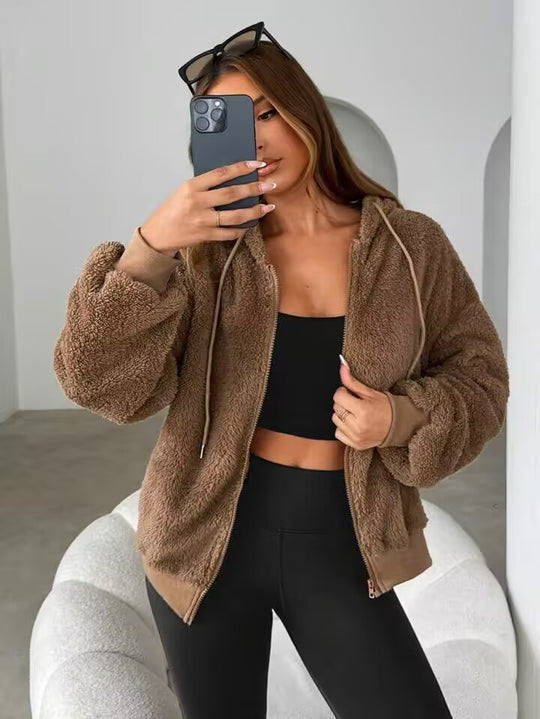 Damen Teddy-Fleecejacke mit Kapuze und elastischen Bündchen R&B