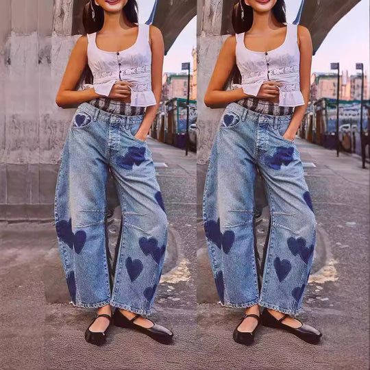 Damen weite Jeans mit Herzen-Details und entspanntem Schnitt R&B