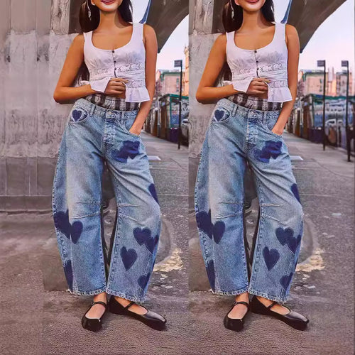 Damen weite Jeans mit Herzen-Details und entspanntem Schnitt R&B