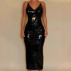 Damen Hochwetiges Lack-Midi-Kleid mit verführerischem V-Ausschnitt und Taillierung R&B