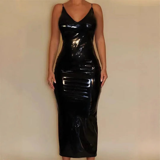 Damen Hochwetiges Lack-Midi-Kleid mit verführerischem V-Ausschnitt und Taillierung R&B