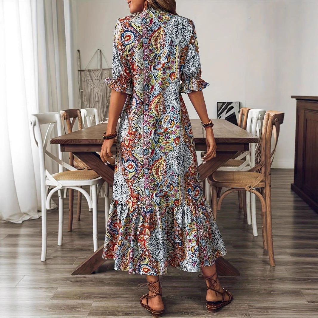 Damen Maxikleid mit buntem Paisley-Muster und modischem Volant R&B