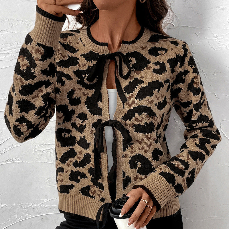 Damen Leo-Muster Strickjacke mit Bändern R&B