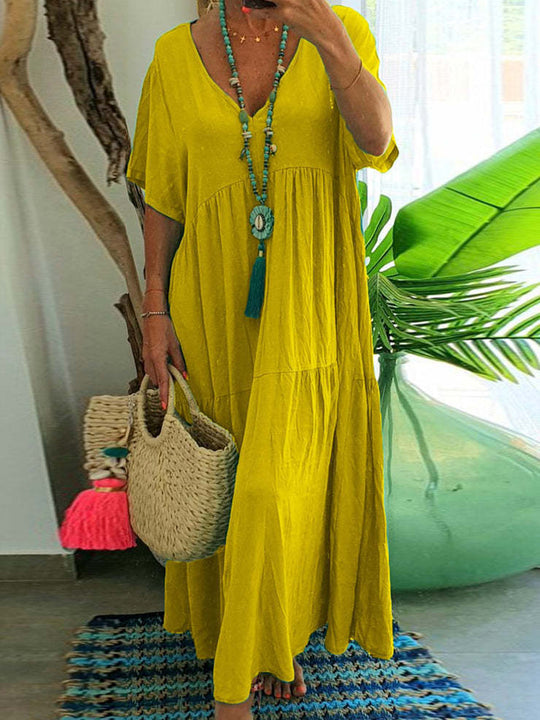 Damen luftiges Boho-Maxikleid mit schwingendem Saum und tiefem V-Ausschnitt R&B