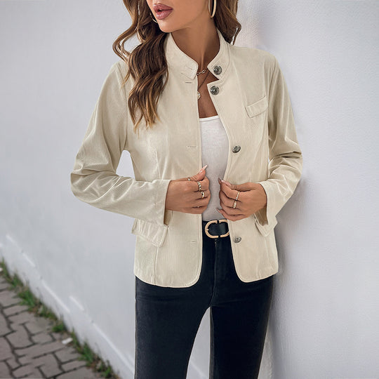 Damen modische Blazerjacke mit Stehkragen und Druckknopfverschluss R&B