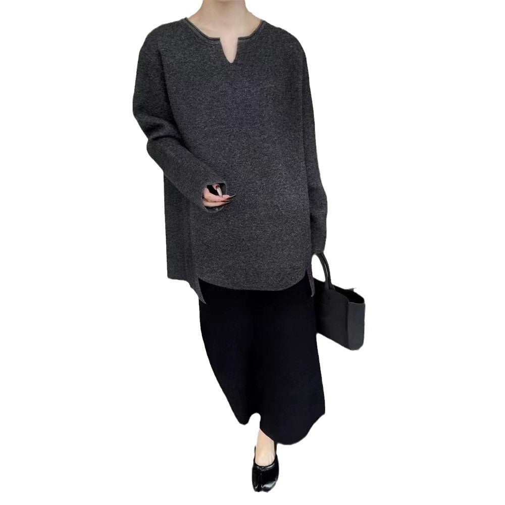 Damen eleganter Pullover mit V-Ausschnitt und langen Ärmeln R&B