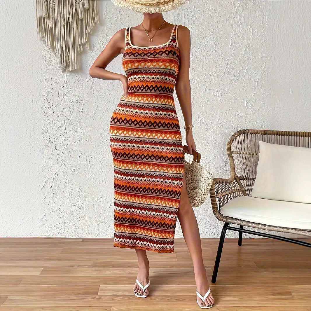 Damen Maxikleid mit auffälligem geometrischem Muster und seitlichem Schlitz R&B
