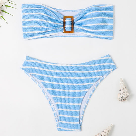 Damen Bandeau-Bikini mit modischem Streifenmuster und dekorativer Schnalle R&B