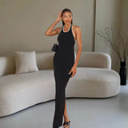 Damen Elegantes Maxikleid mit tiefem V-Ausschnitt und seitlichem Schlitz R&B