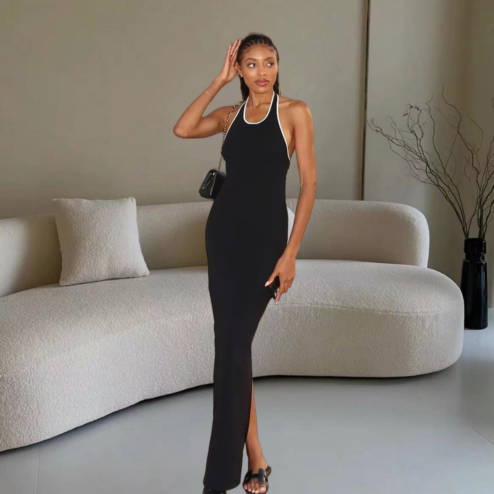 Damen Elegantes Maxikleid mit tiefem V-Ausschnitt und seitlichem Schlitz R&B