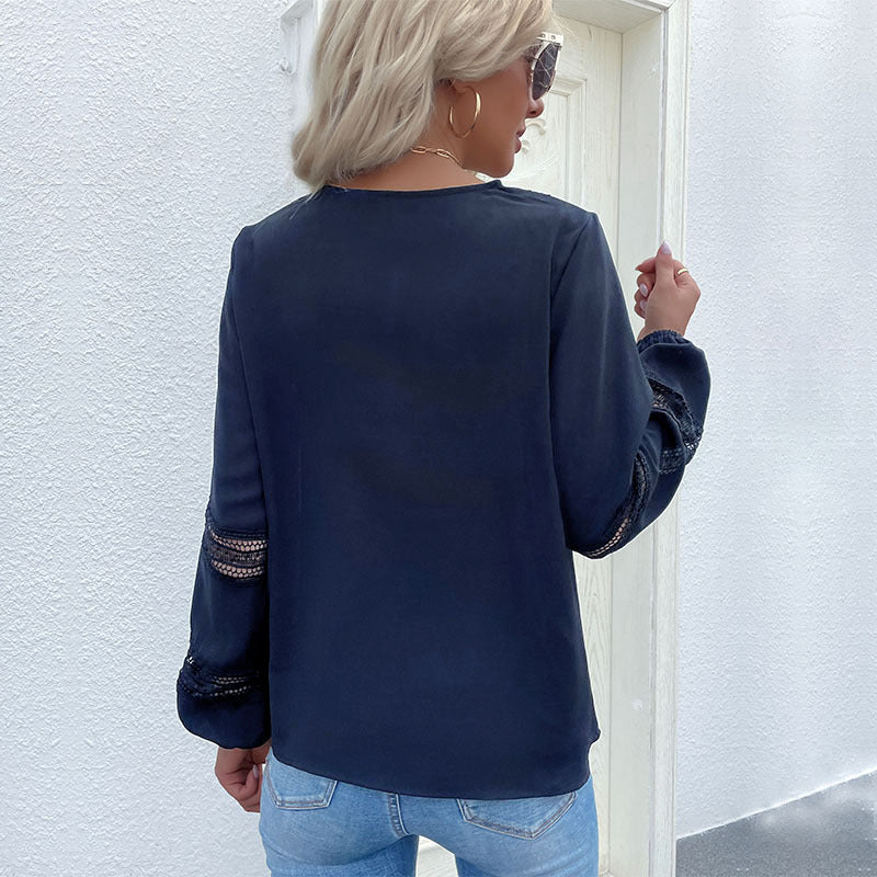 Damen elegante Bluse mit Spitzenakzenten und V-Ausschnitt R&B