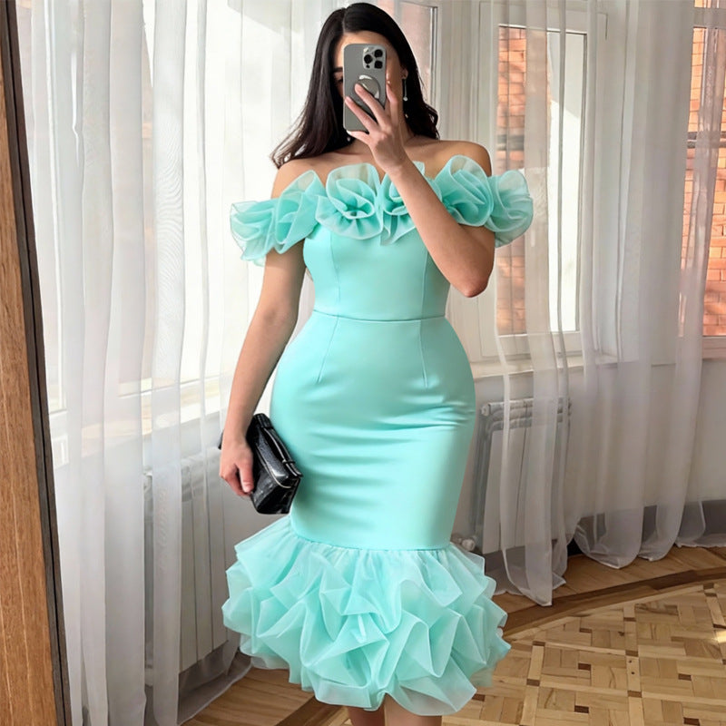 Damen Figurbetontes Kleid mit Rüschenärmel und voluminösem Saum R&B