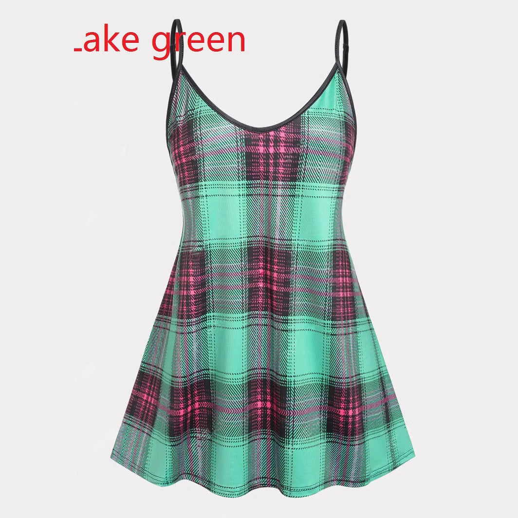 Damen Swing-Kleid mit kariertem Muster und verstellbaren Spaghettiträgern R&B