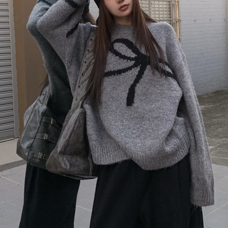 Damen Strickpullover mit modischem Schleifenmuster