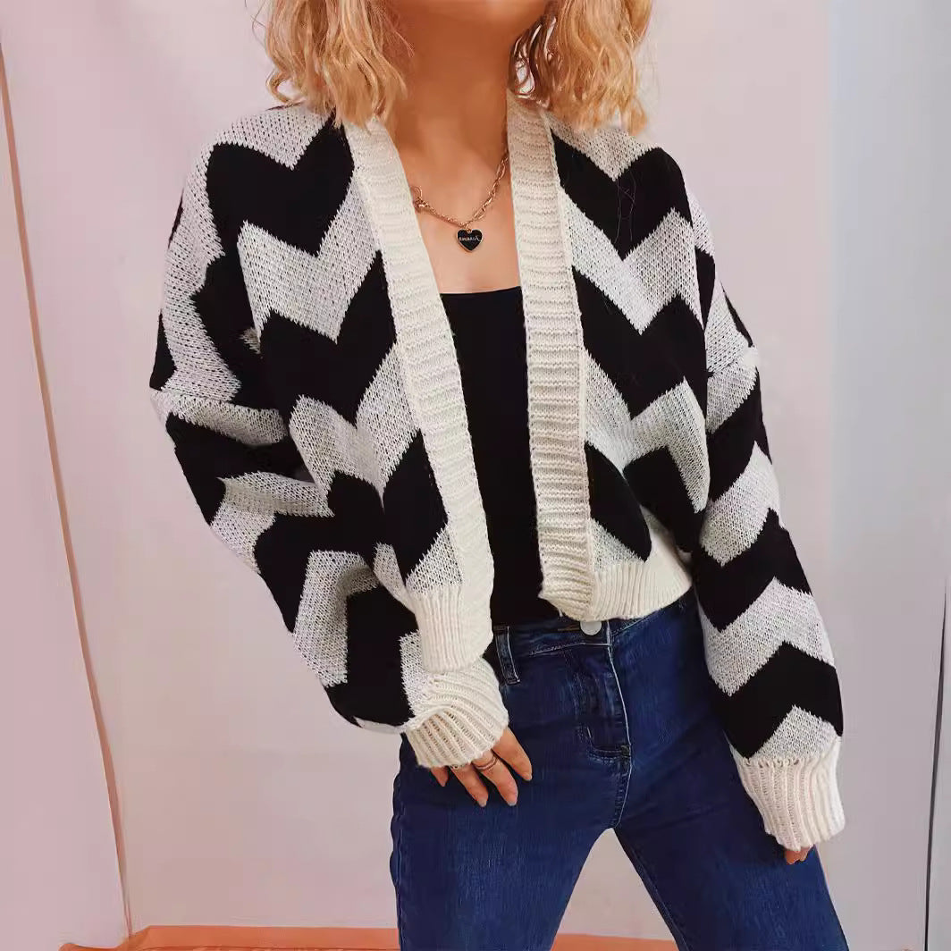 Damen Grobstrickjacke mit modernem Zickzack-Muster und weitem Schnitt R&B