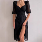 Damen Elegantes Maxikleid mit Puffärmeln und tiefem Schlitz R&B