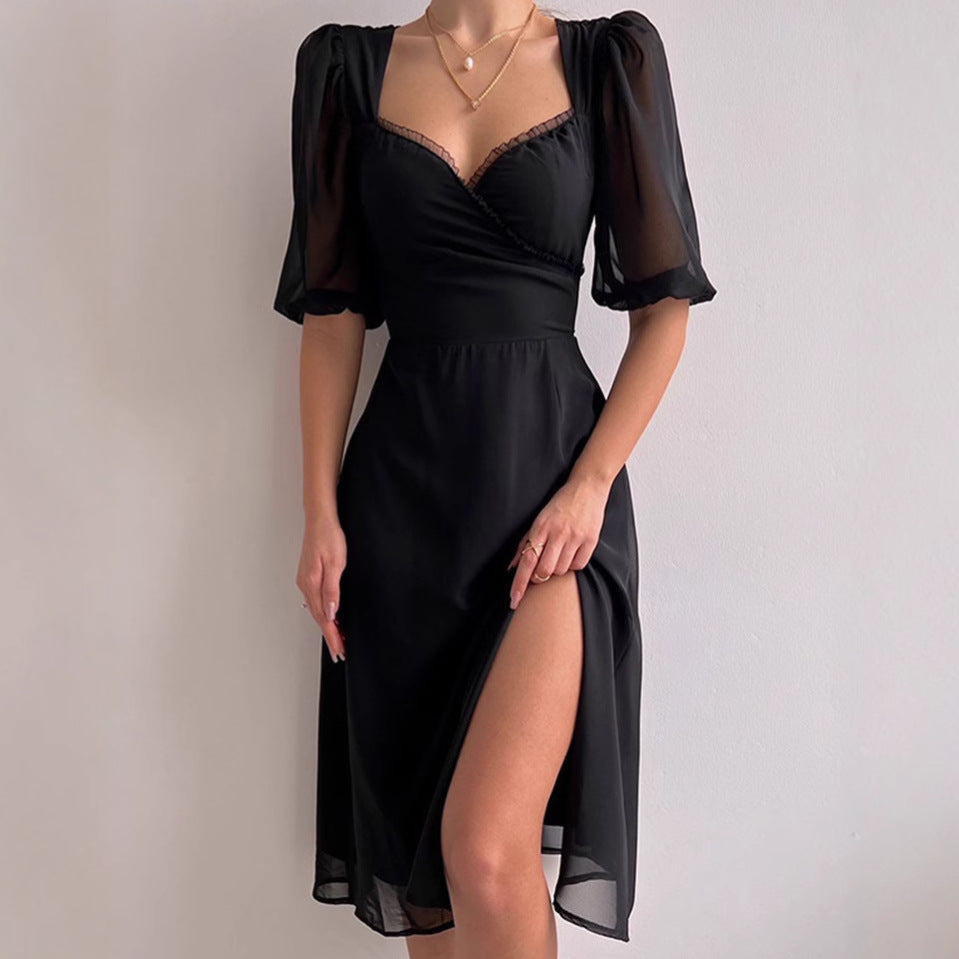 Damen Elegantes Maxikleid mit Puffärmeln und tiefem Schlitz R&B