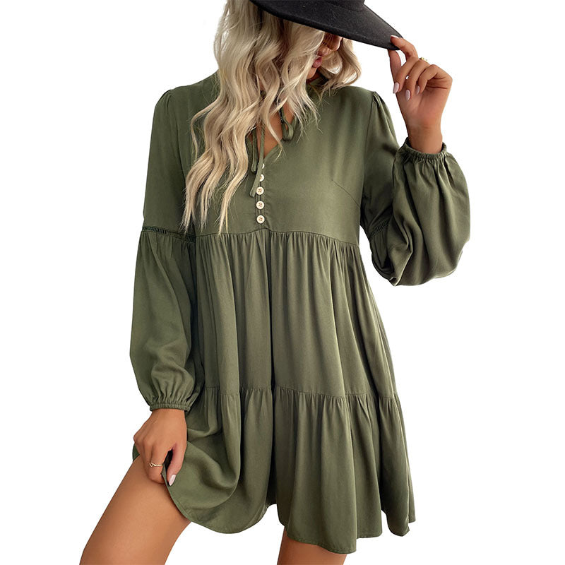 Damen lässiges Tunika-Kleid mit Knopfdetail und Volant-Design R&B