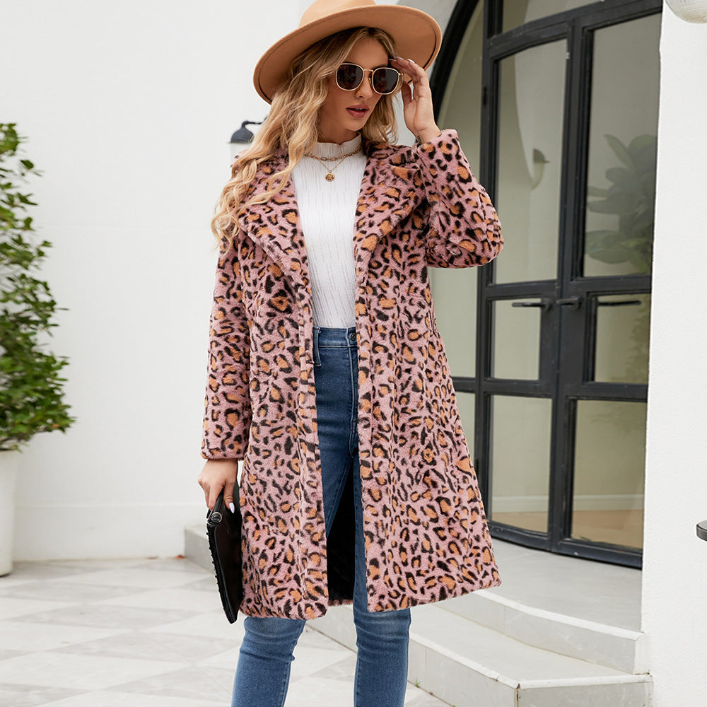 Damen Flauschiger Leoparden-Mantel mit elegantem Revers R&B