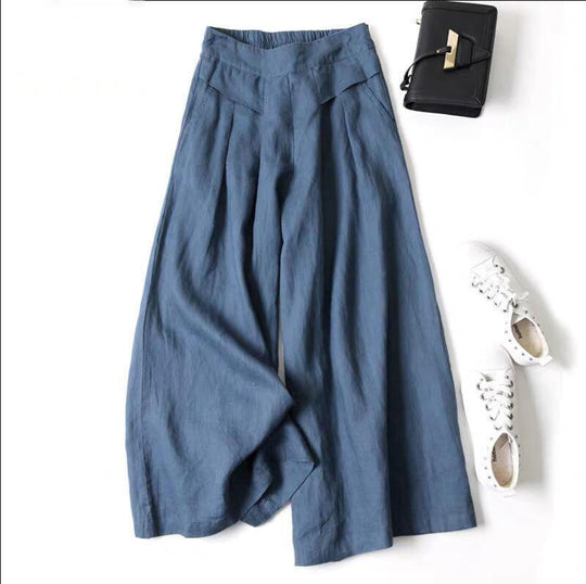 Damen Weit geschnittene Leinenhose mit hohem Bund und eleganten Falten R&B