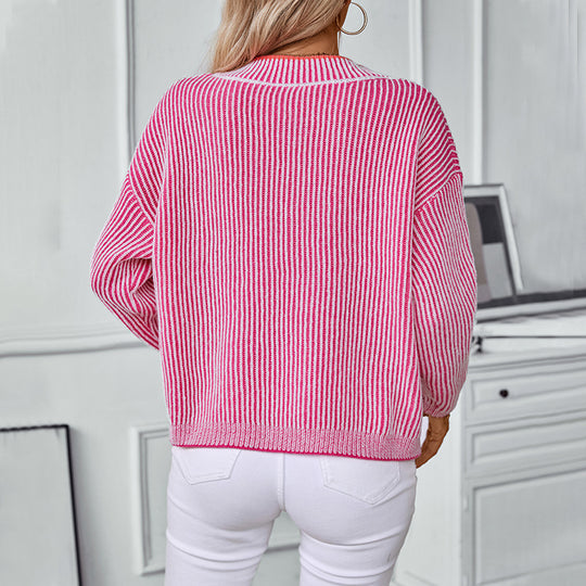 Damen Strickpullover mit V-Ausschnitt und gestreiftem Design R&B