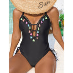 Damen Einteiler Badeanzug mit buntem Quasten-Detail R&B