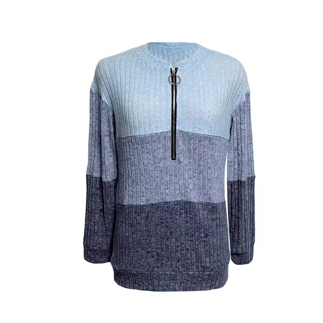 Damen nan gerippter Longpullover mit Ringreißverschluss und Colorblock-Struktur R&B
