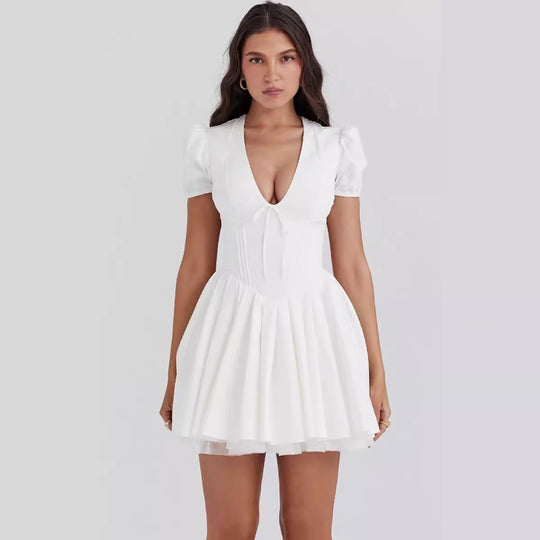 Damen verspieltes Mini-Wickelkleid mit Puffärmeln R&B