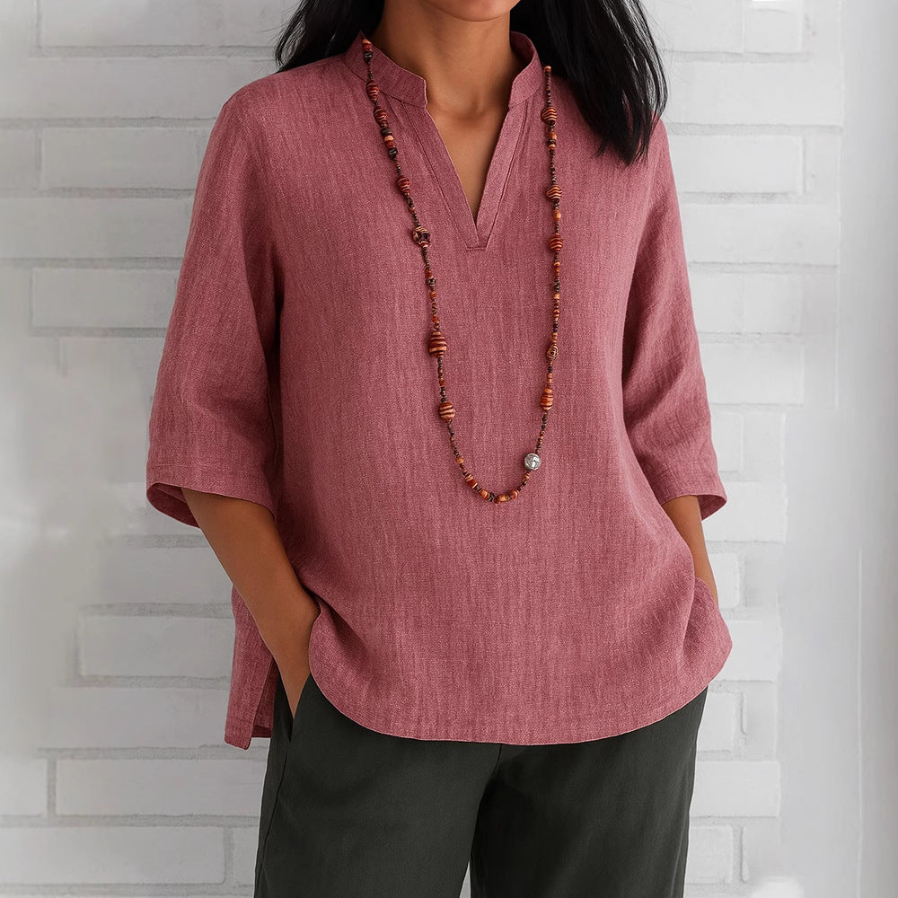 Damen lässige Bluse mit V-Ausschnitt und seitlichen Taschen